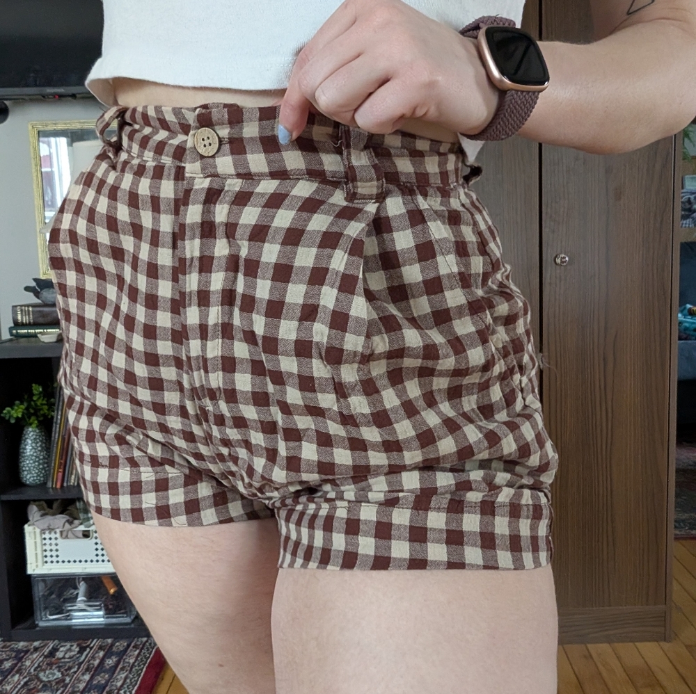 Brown Checkered Linen Blend Shorts